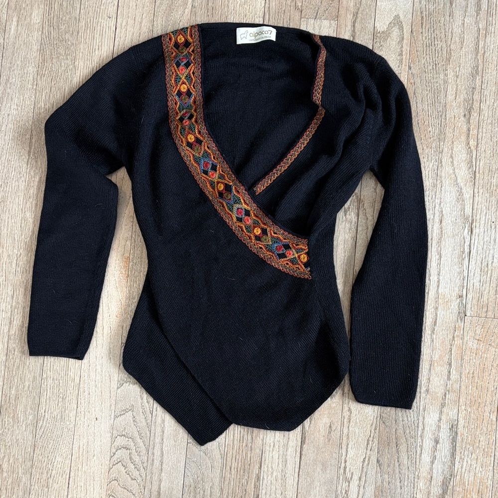Elegant Black V-Neck Sweater with Colorful Trim